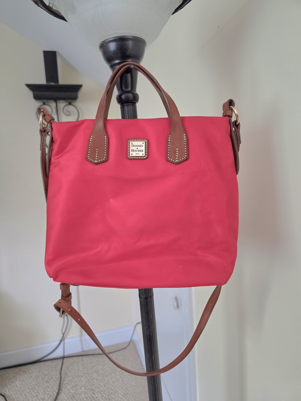 Dooney & Bourke Red Nylon Tote with Brown Leather Trim